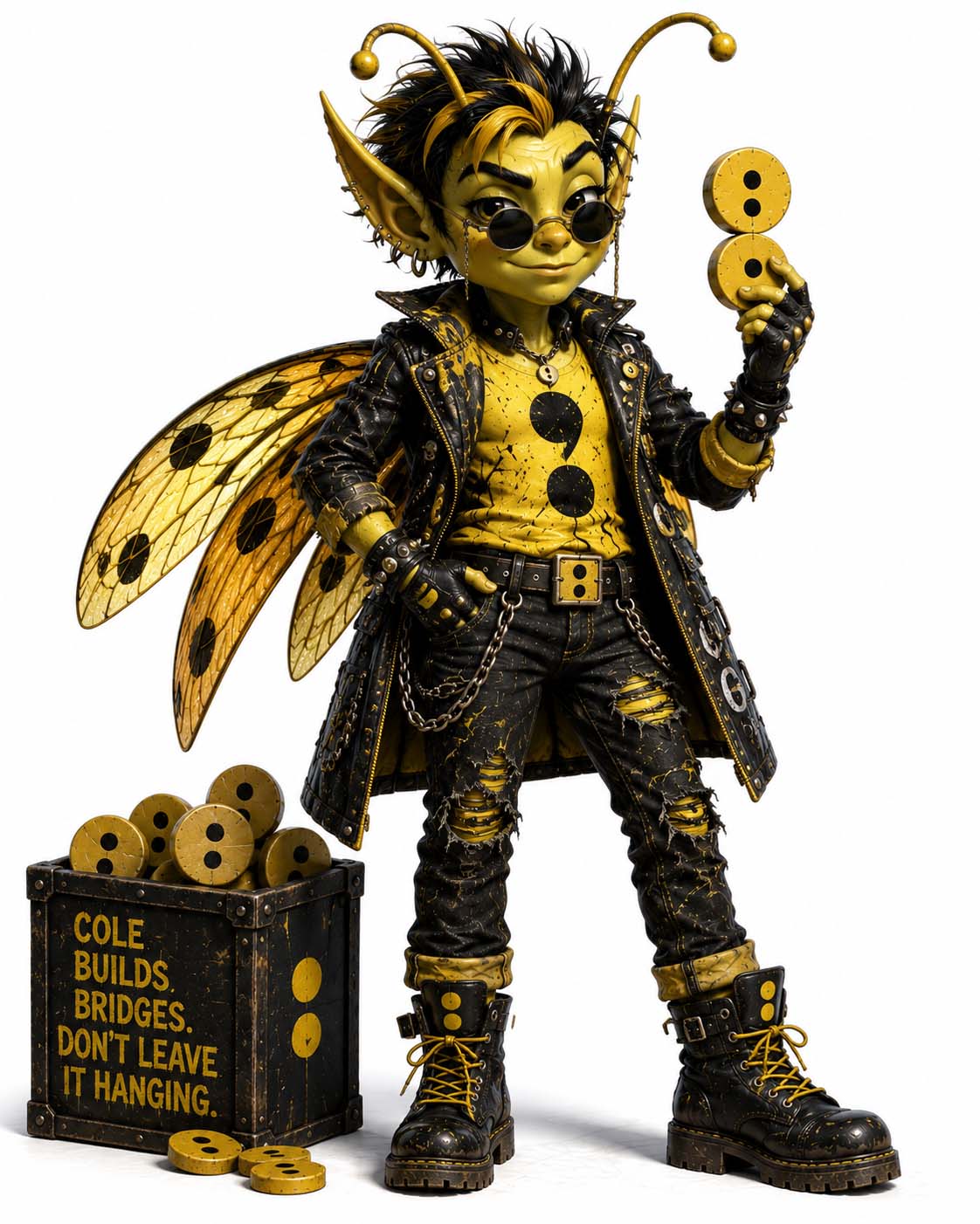Colon Cole, a yellow punk pest in round dark glasses and a black studded jacket, holding up a colon beside a crate labeled “Cole builds bridges. Don’ leave it hanging.”