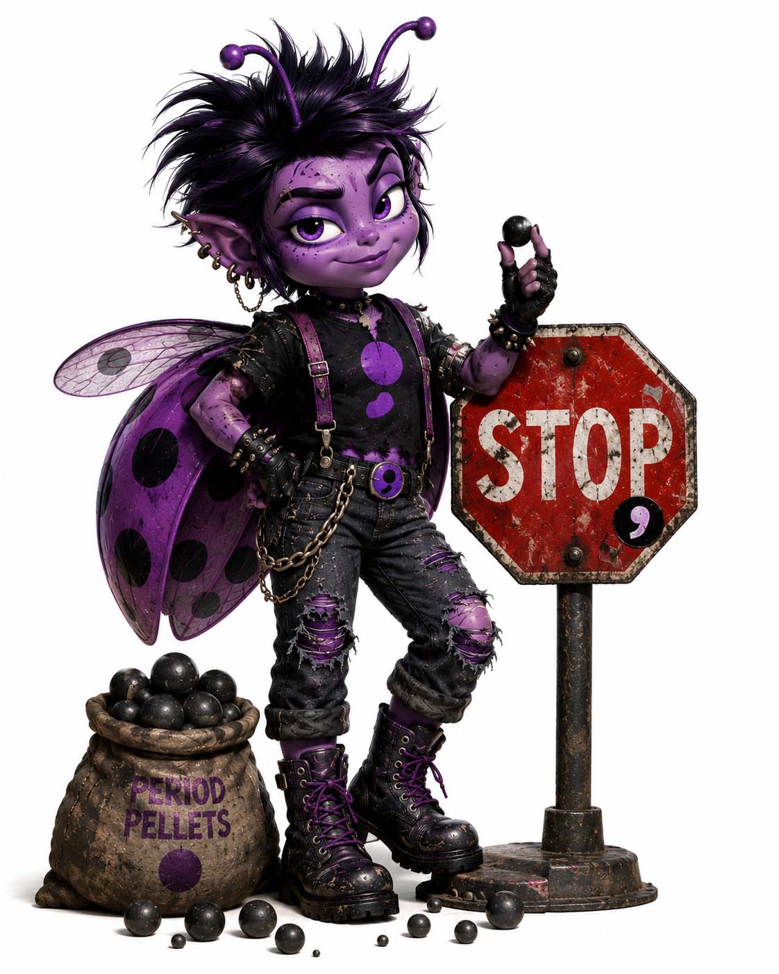 Period Pete, a purple punk ladybug holding up a black period beside a stop sign and a sack labeled “Period Pellets”