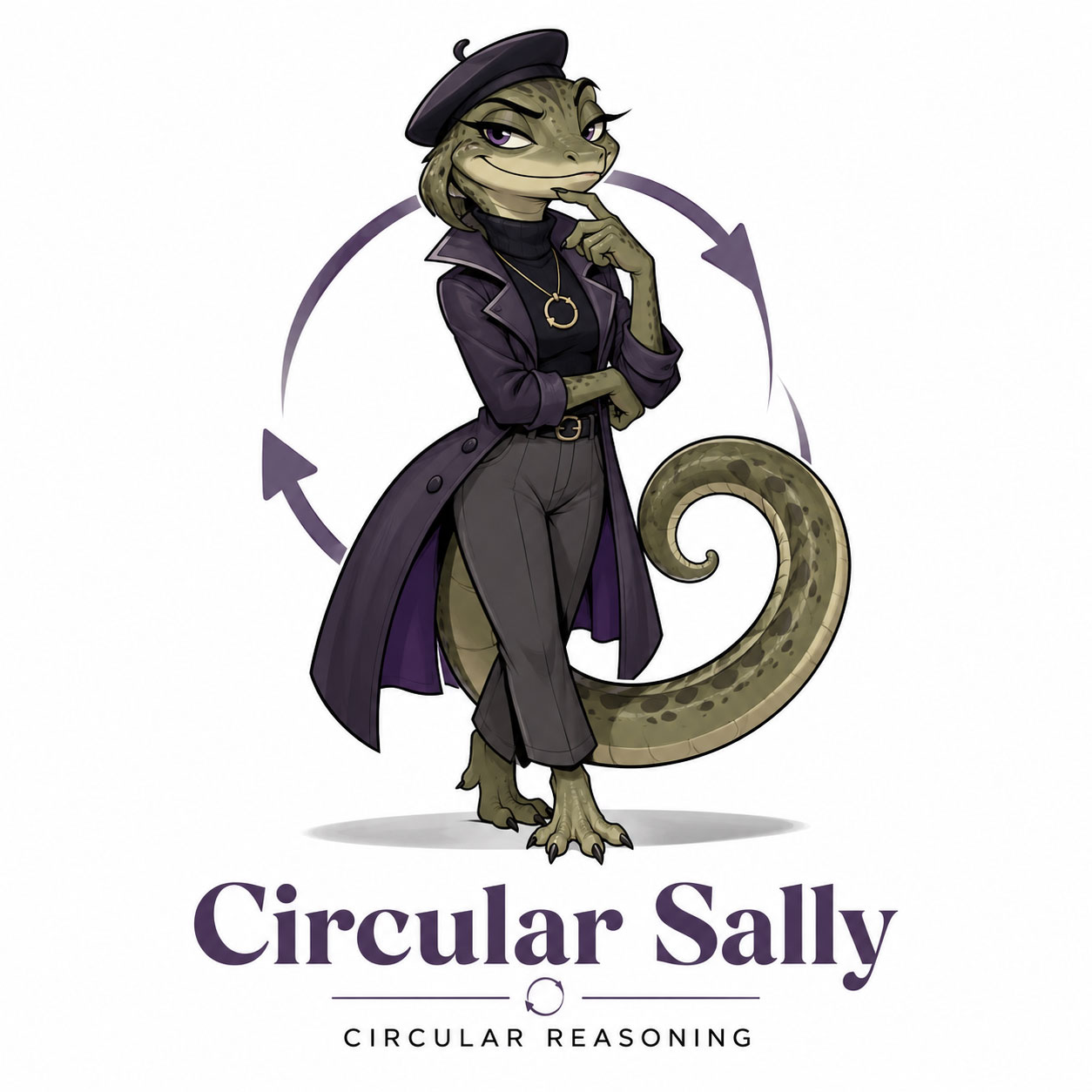 Circular Sally in a beret and purple coat, finger to her chin, inside a circle of arrows