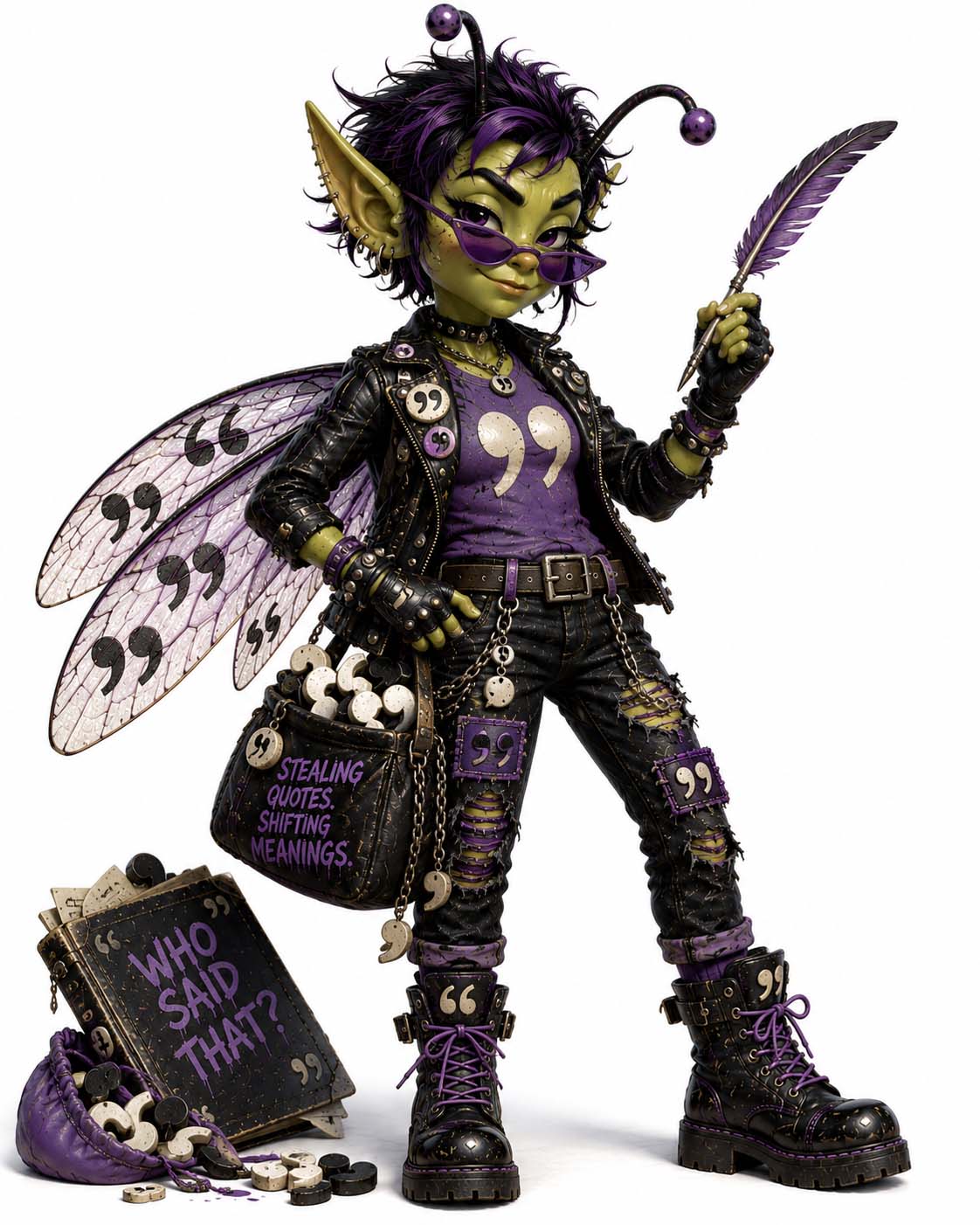 Quotation Quinn, a green punk pest in purple cat-eye glasses holding a quill, with quotation-mark wings, a bag reading “Stealing quotes. Shifting meanings.” and a book titled “Who said that?”