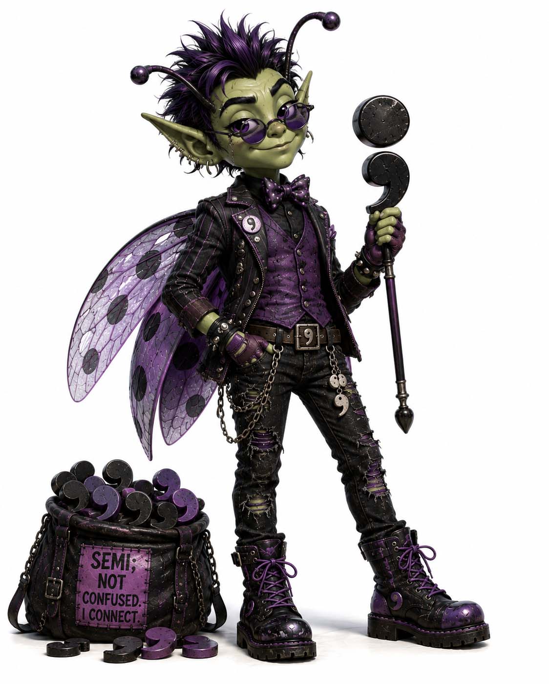 Semicolon Seymour, a green punk pest in purple glasses and a bow tie, holding a semicolon-topped cane beside a sack labeled “Semi; not confused. I connect.”