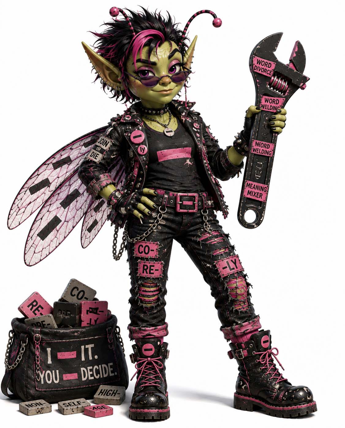 Hyphen Hannah, a winged punk pest holding a large word-welding wrench beside a bag of word parts