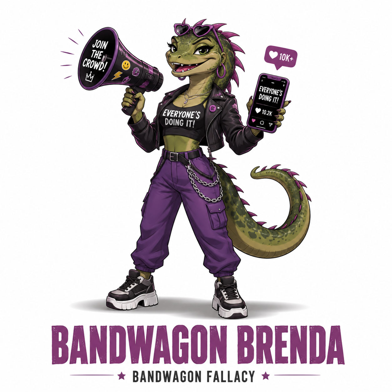 Bandwagon Brenda with a “Join the crowd!” megaphone and a phone reading “Everyone’s doing it!”
