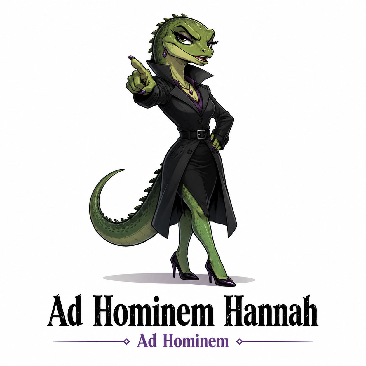 Ad Hominem Hannah in a black trench coat, hand on hip, pointing an accusing finger